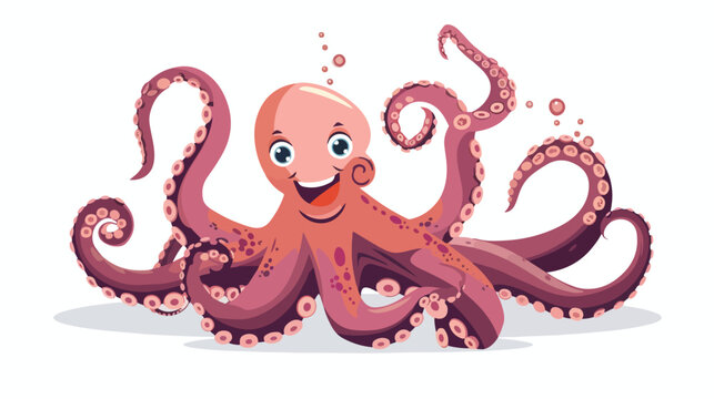Cartoon happy octopus flat vector isolated on white background