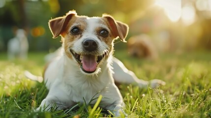 Naklejka na ściany i meble Sun-Kissed Jack Russell Terrier Reveling in Serene Greenery - Generative AI