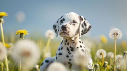 Spotted Innocence Among Dandelions: A Dalmatian Puppy's Charm - Generative AI