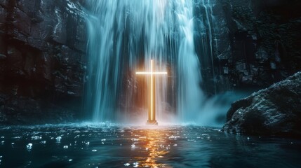 Incandescent cross glowing underneath a waterfall 