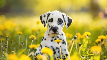 Spotted Innocence Among Dandelions: A Dalmatian Puppy's Charm - Generative AI