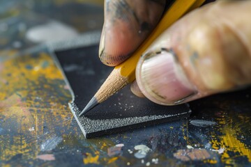 artist using sandpaper to sharpen a pencil tip - obrazy, fototapety, plakaty