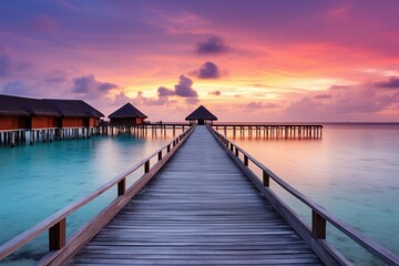 Wooden jetty at sunset in tropical  island with water bungalows An amazing sunset landscape Picturesque summer sunset , Ai generated - obrazy, fototapety, plakaty