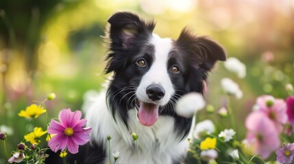 Fototapeta premium Joyful Border Collie Amidst Spring Blooms Radiating Happiness - Generative AI