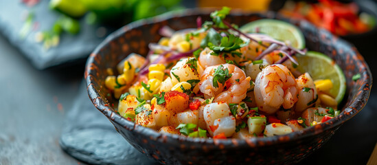 Authentic Peruvian ceviche dish with fresh seafood and maize - obrazy, fototapety, plakaty