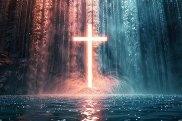 Incandescent cross glowing underneath a waterfall 