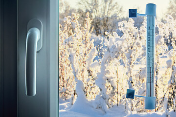 An outdoor thermometer is taped to outside of window glass and shows an air temperature of 20 degrees below zero Celsius. - obrazy, fototapety, plakaty