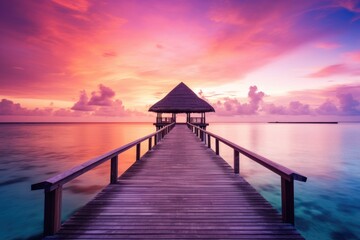 Wooden jetty at sunset in tropical Maldives island with water bungalows An amazing sunset landscape Picturesque summer sunset in the Maldives, Ai generated - obrazy, fototapety, plakaty