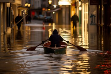 person rowing a boat down a flooded urban street