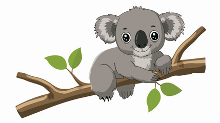 Cartoon koala on a tree branch flat vector isolated o