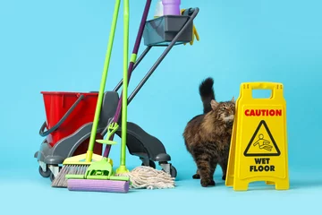 Deurstickers Cute cat with trolley of cleaning supplies on blue background © Pixel-Shot