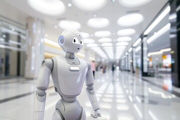 Obraz na płótnie Canvas white robotic assistant guiding someone through the bright hall