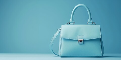 Beautiful trendy smooth youth women's handbag in gentle blue color on a light blue studio background.