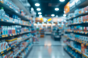 Blurry drugstore interior background with defocused lights, 