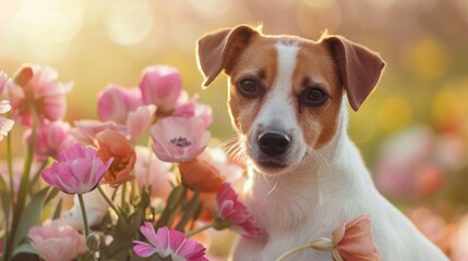 Jack Russell Terrier Admiring Spring Blooms in Floral Bliss - Generative AI