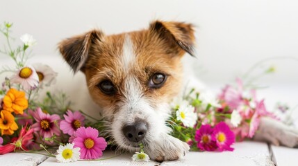 Jack Russell Terrier Admiring Spring Blooms in Floral Bliss - Generative AI