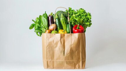 Brown Paper Bag Filled with Colorful Vegetables on White Background