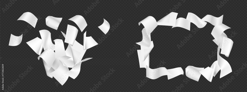 Poster realistic fly paper sheets. 3d vector illustration set of floating in air white empty pages - scatte