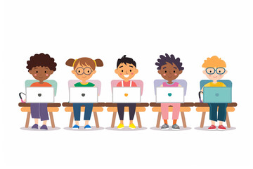 Children in a classroom setting, flat design, each with a laptop, illustrating diversity in coding education