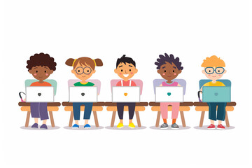 Fototapeta premium Children in a classroom setting, flat design, each with a laptop, illustrating diversity in coding education