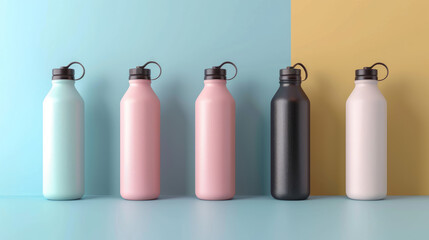 A spectrum of insulated bottles in pastel hues, neatly arranged against a dual-toned blue and...
