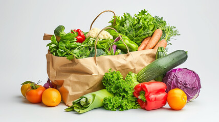 Brown Paper Bag Filled with Colorful Vegetables on White Background