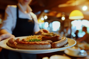waitress serving a plate of bratwurst - obrazy, fototapety, plakaty