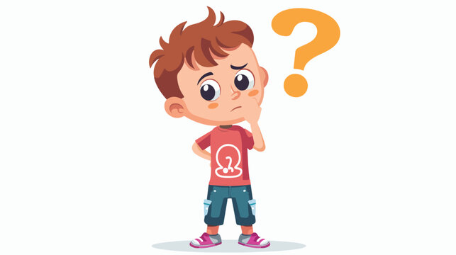 Cartoon little boy thinking with question mark flat vector
