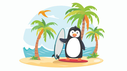 Cartoon penguin holding a surfboard in the tropical isolated