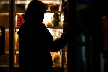 silhouette of someone at a fridge with door open - obrazy, fototapety, plakaty