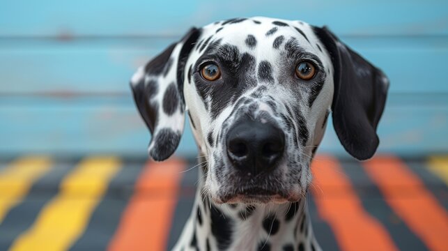 Close-up portrait of a Dalmatian dog with a colorful background