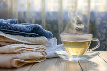 steaming tea cup beside a pile of spa towels