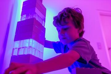 kid building block tower, violet room lighting on