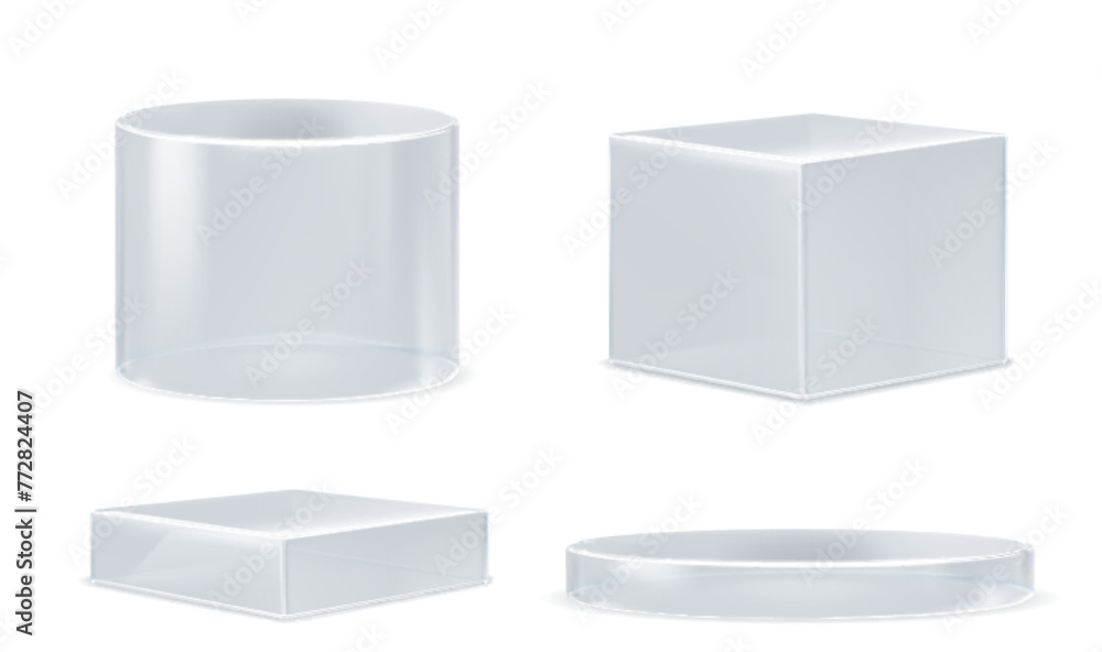 Aufkleber glass transparent cube and cylinder product podiums of different height. realistic vector set of ple