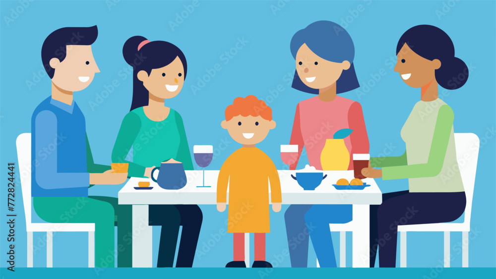 Aufkleber a blended family gathered around a dinner table with stepparents and stepsiblings interacting and ge