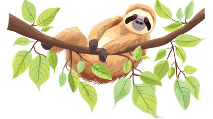 Cartoon sloth hanging on a tree branch flat vector isolated