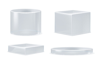 Glass transparent cube and cylinder product podiums of different height. Realistic vector set of plexiglass or plastic round and rectangular stands for goods display. Geometric pillar crystal platform