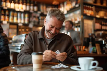 Foto op Canvas smiling man at a caf studying a lottery ticket with coffee nearby © Natalia