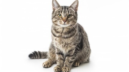 Poised Tabby Cat Sitting Elegantly Against a Pure White Backdrop Generative AI