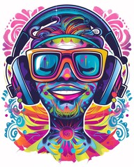 Bold Kawaii illustration vector, a vibrant kawaii style cartoon wearing large headphones The background is adorned with swirling musical notes and colorful patterns