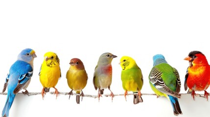 Naklejka premium Diverse Avian Parade: A Colorful Line-Up of Songbirds Captured Generative AI