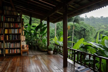 veranda with bookshelf, jungle as the backdrop