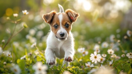 Joyful Puppy Frolic: A Lively Dash Amongst Summer Blooms - Generative AI