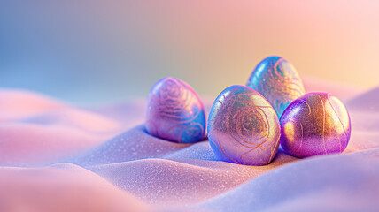 A group of four colorful eggs are sitting on a sandy beach