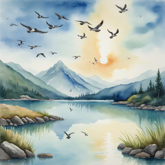 Watercolor illustration of a flock of birds over a lake  colorful background