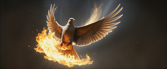Winged dove in flames, a representation of the New Testament Holy Spirit with copy space colorful background - obrazy, fototapety, plakaty