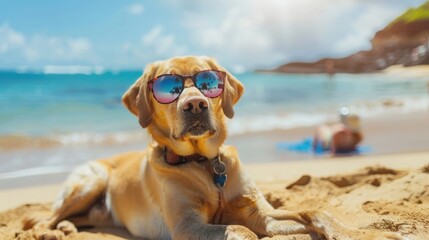 Serene Labrador Enjoying the Sunset Beachside Splendor - Generative AI