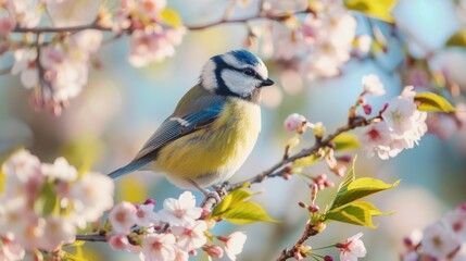 Spring Serenade: Blue Tit Perched Among Cherry Blossoms Generative AI