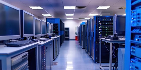 Shot of Corridor in Working Data Center Full of Rack Servers and Supercomputers with High Internet Visualisation Projection.