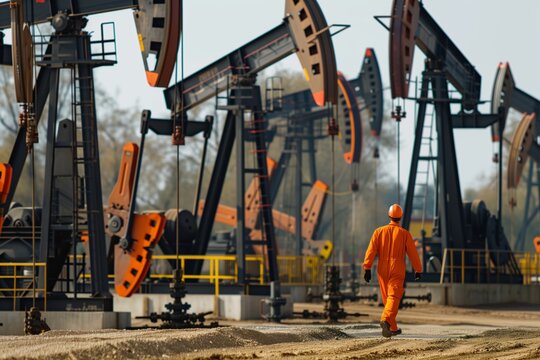 engineer in orange coveralls walking amongst oil pumps